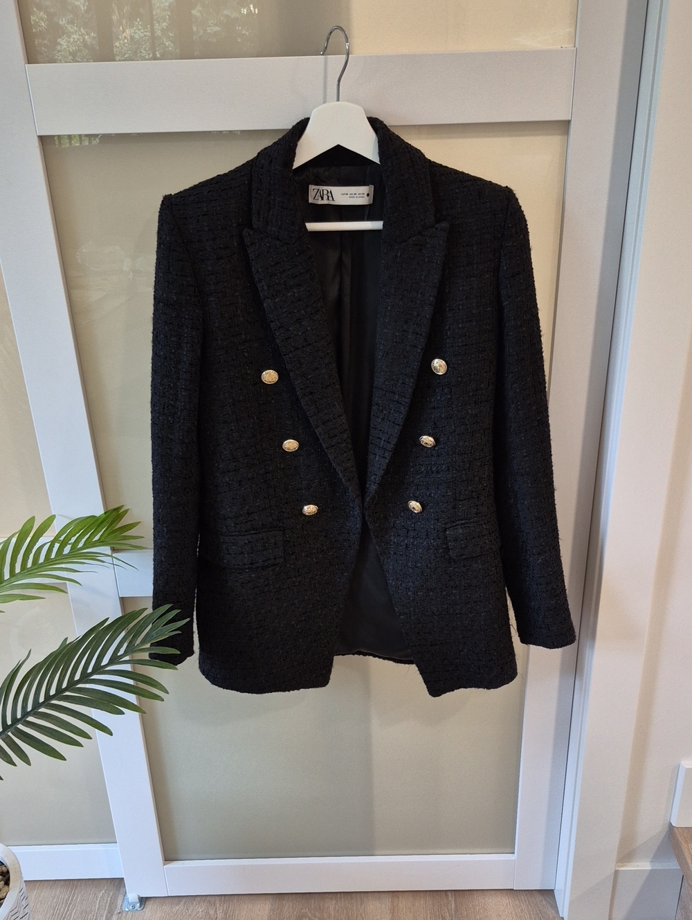 Zara Black Tweed Double-Breasted Blazer with Gold Buttons
